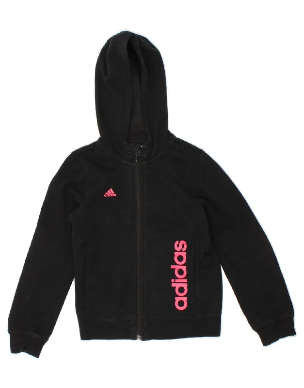 ADIDAS Girls Climalite Graphic Zip Hoodie Sweater 7-8 Years Black Cotton