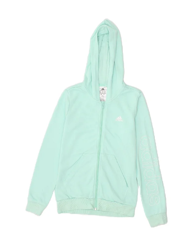 ADIDAS Girls Graphic Zip Hoodie Sweater 12-13 Years Turquoise Cotton