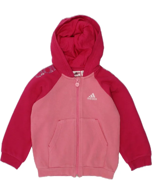 ADIDAS Girls Graphic Zip Hoodie Sweater 2-3 Years Pink Colourblock Cotton