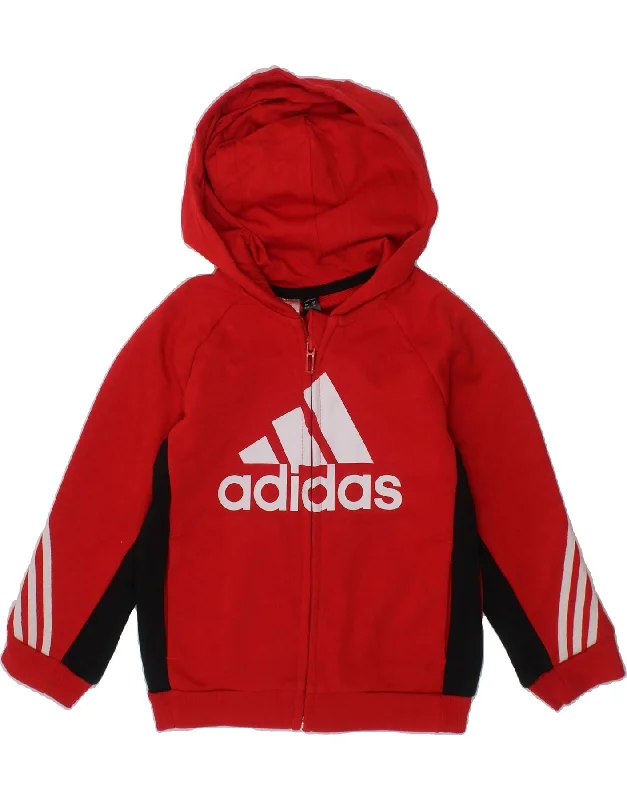 ADIDAS Girls Graphic Zip Hoodie Sweater 3-4 Years Red Colourblock Cotton