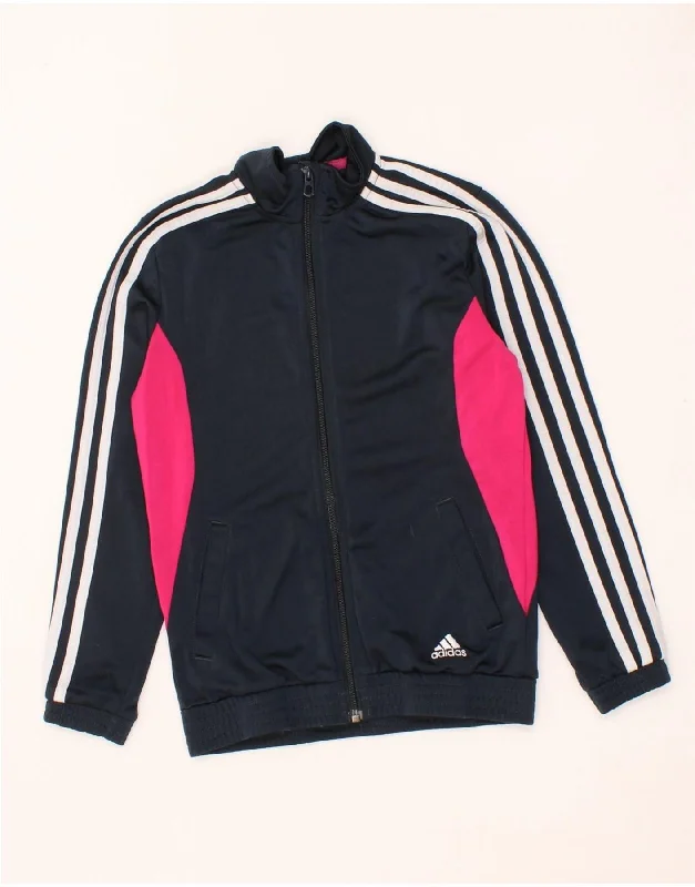 ADIDAS Girls Tracksuit Top Jacket 9-10 Years Navy Blue Colourblock