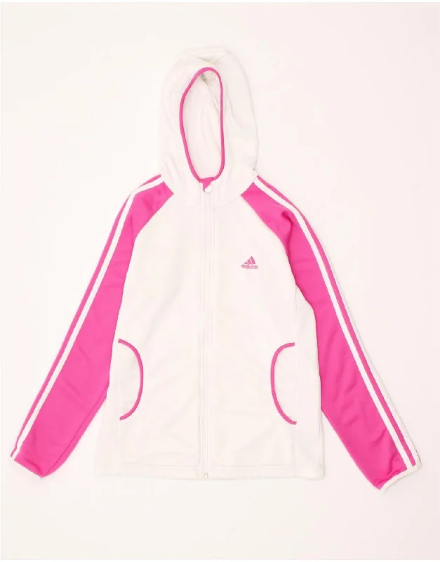 ADIDAS Girls Zip Hoodie Sweater 13-14 Years Off White Colourblock