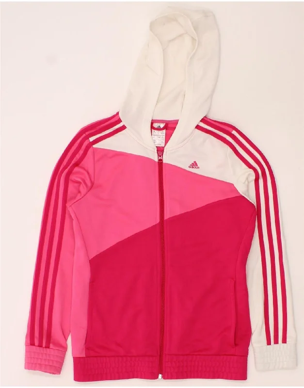 ADIDAS Girls Zip Hoodie Sweater 14-15 Years Pink Colourblock Polyester