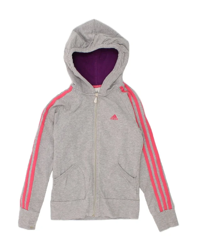 ADIDAS Girls Zip Hoodie Sweater 7-8 Years Grey Cotton