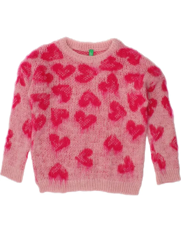 BENETTON Baby Girls Crew Neck Jumper Sweater 18-24 Months Pink Heart