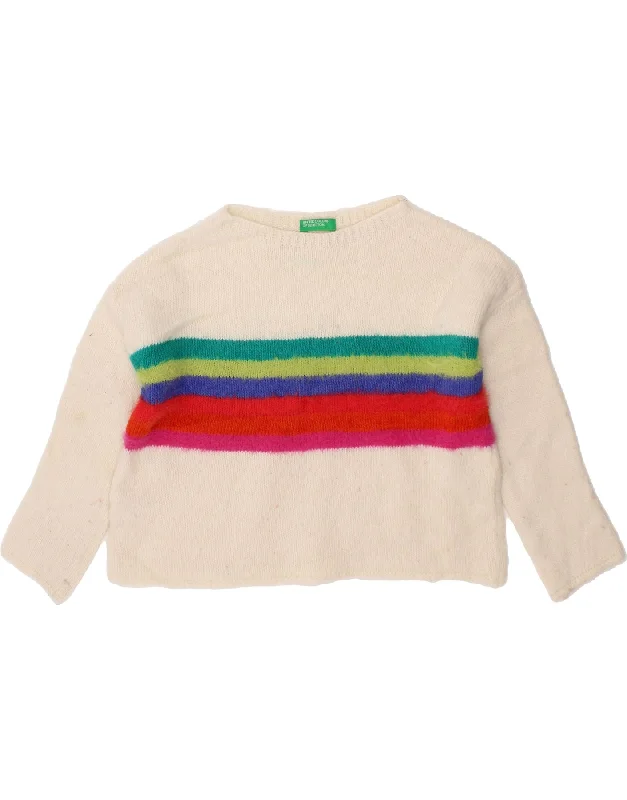 BENETTON Girls Boat Neck Jumper Sweater 4-5 Years XS White Striped Acrylic