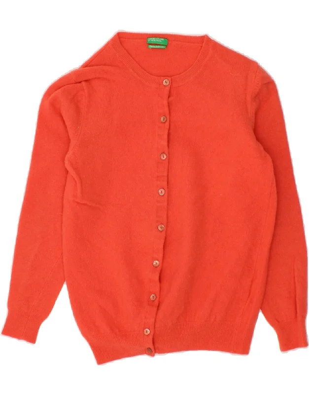 BENETTON Girls Cardigan Sweater 8-9 Years Large  Red Merino Wool