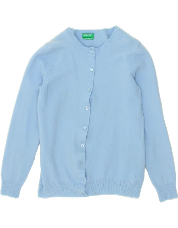 BENETTON Girls Cardigan Sweater 9-10 Years Medium Blue Virgin Wool