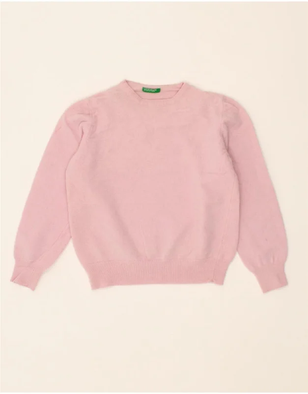 BENETTON Girls Crew Neck Jumper Sweater 8-9 Years Small Pink Wool