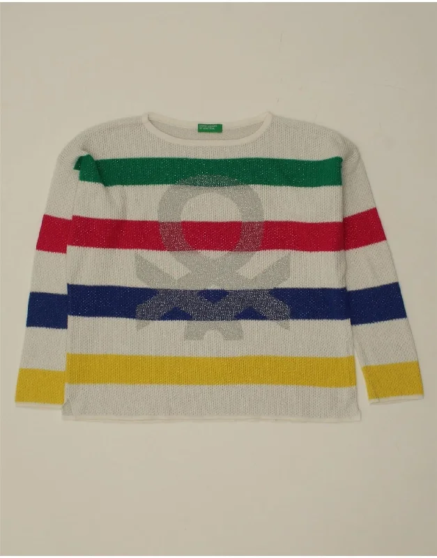 BENETTON Girls Graphic Boat Neck Jumper Sweater 9-10 Years Multicoloured