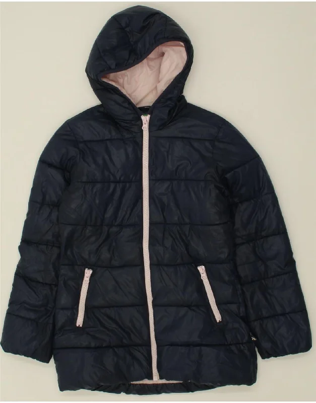 BENETTON Girls Hooded Padded Jacket 10-11 Years XL Navy Blue Polyester