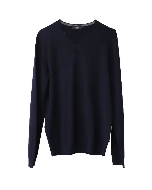 Boss Slim Fit V-Neck Sweater in Navy Blue Merino Wool