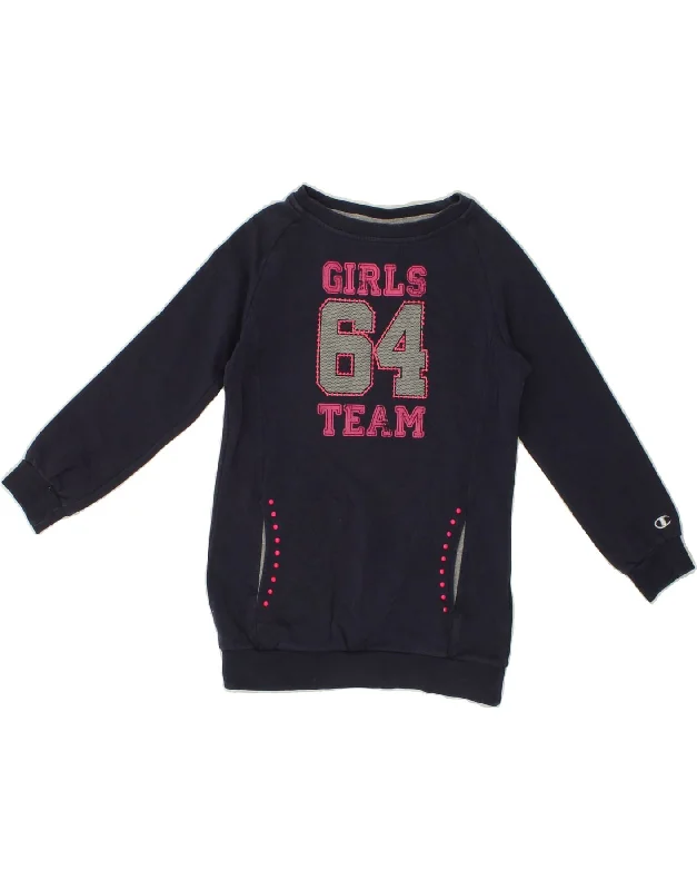 CHAMPION Girls Graphic Sweatshirt Jumper Dress 5-6 Years XS Navy Blue