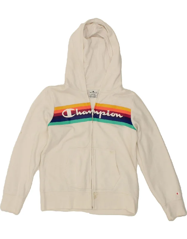 CHAMPION Girls Graphic Zip Hoodie Sweater 11-12 Years Large White Cotton