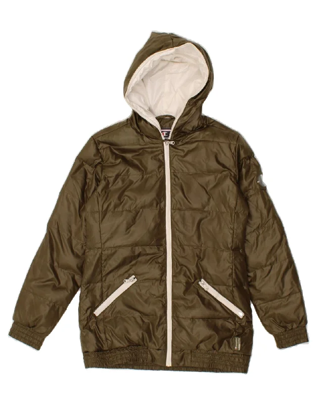 CHAMPION Girls Hooded Padded Jacket 11-12 Years L Khaki Polyester