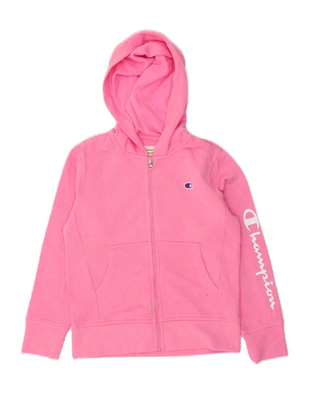 CHAMPION Girls Petit Graphic Zip Hoodie Sweater 7-8 Years Small Pink