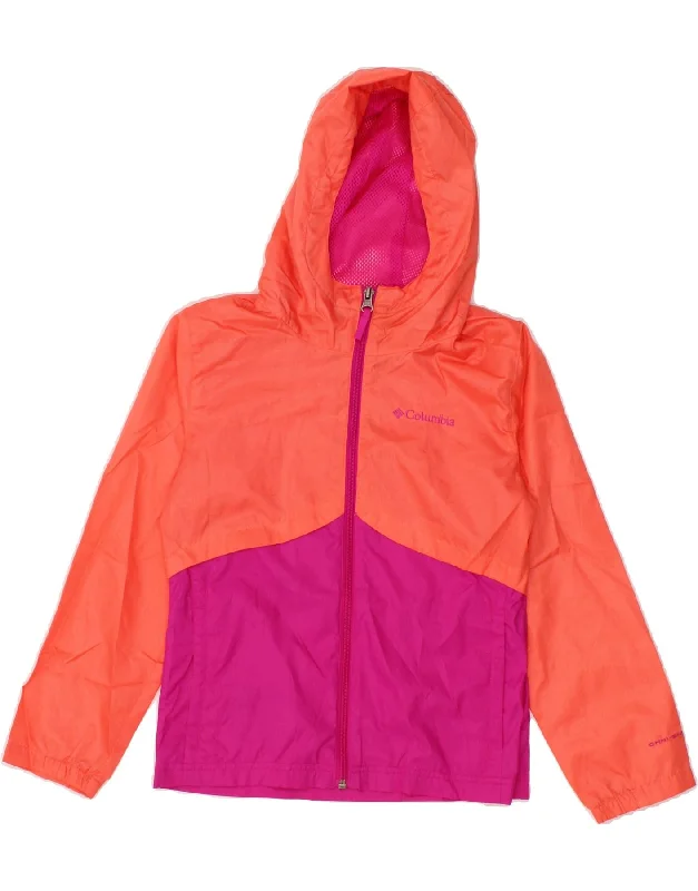 COLUMBIA Girls Hooded Rain Jacket 7-8 Years Small Orange Colourblock