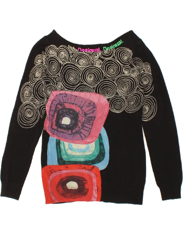 DESIGUAL Girls Boat Neck Jumper Sweater 12-13 Years Black Geometric Cotton