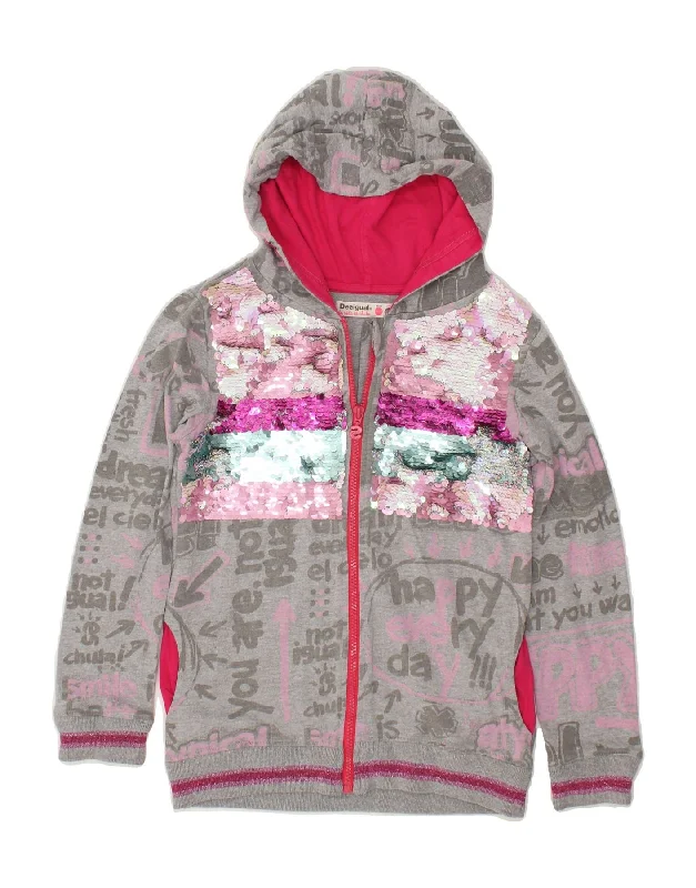 DESIGUAL Girls Graphic Zip Hoodie Sweater 9-10 Years Grey Cotton