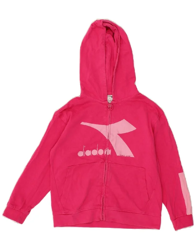 DIADORA Girls Graphic Zip Hoodie Sweater 7-8 Years Medium Pink Cotton