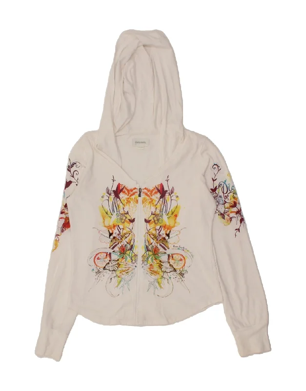 DIESEL Girls Zip Hoodie Sweater 13-14 Years 2XL White Floral Cotton