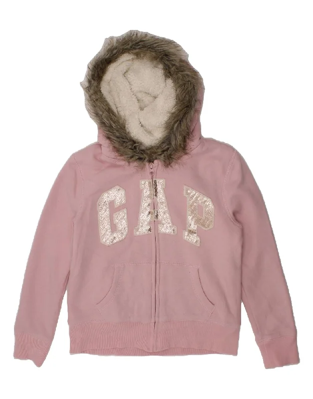 GAP Girls Graphic Zip Hoodie Sweater 7-8 Years Medium Pink Cotton