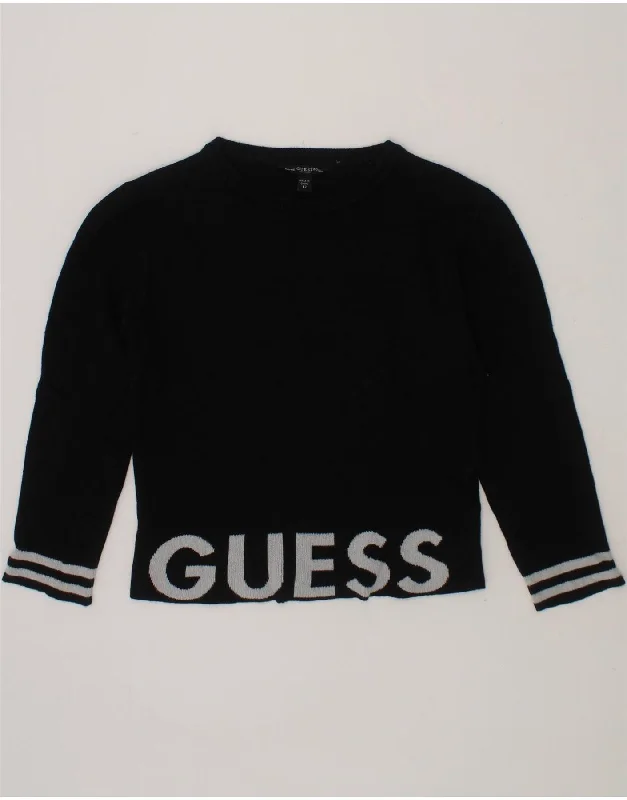 GUESS Girls Graphic Crew Neck Jumper Sweater 11-12 Years Black Viscose