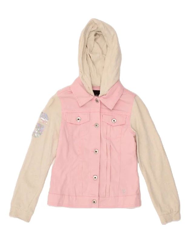 GUESS Girls Graphic Hooded Denim Jacket 8-9 Years Pink Colourblock Cotton