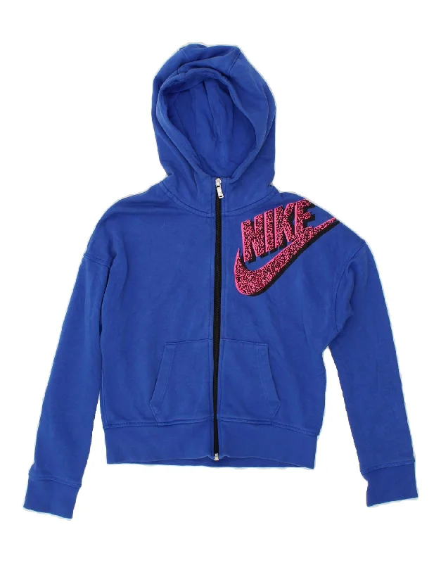 NIKE Girls Crop Graphic Zip Hoodie Sweater 12-13 Years Large Blue Cotton