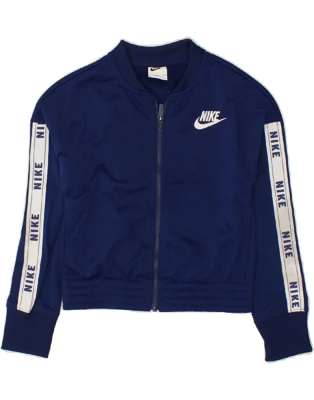 NIKE Girls Graphic Crop Tracksuit Top Jacket 8-9 Years Small Navy Blue