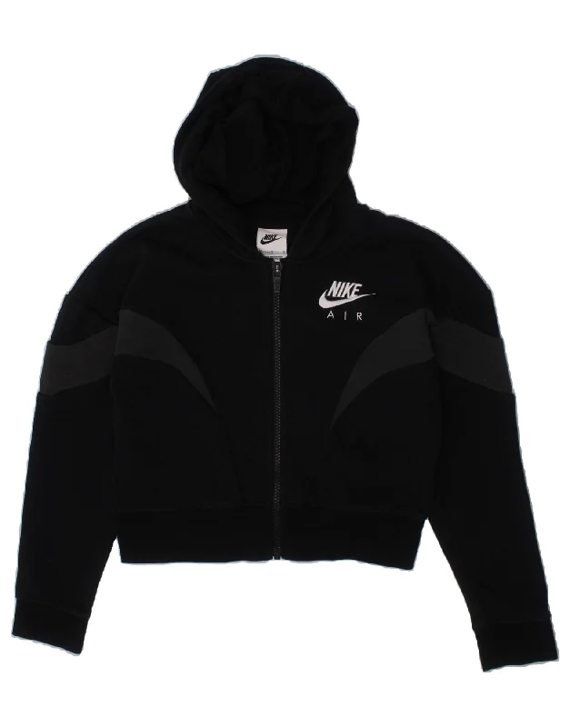 NIKE Girls Graphic Crop Zip Hoodie Sweater 10-11 Years Medium Black