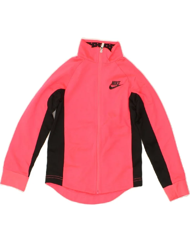 NIKE Girls Graphic Tracksuit Top Jacket 4-5 Years Small Pink Colourblock