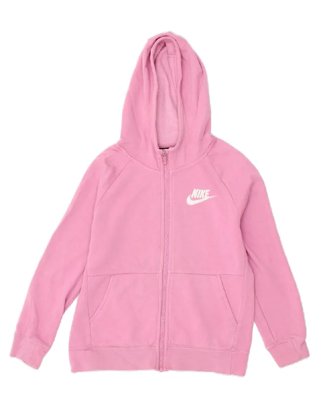 NIKE Girls Graphic Zip Hoodie Sweater 10-11 Years Medium Pink Cotton