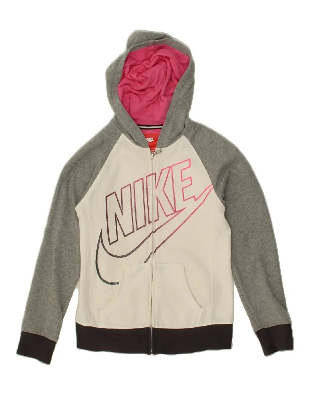 NIKE Girls Graphic Zip Hoodie Sweater 12-13 Years Large Grey Colourblock