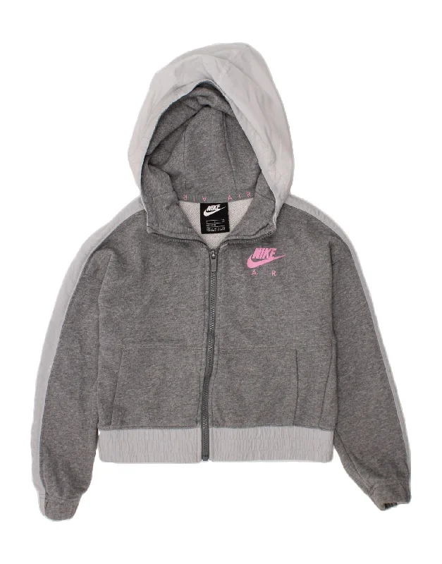 NIKE Girls Graphic Zip Hoodie Sweater 8-9 Years Small  Grey Colourblock