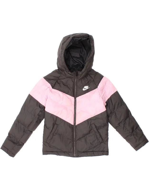 NIKE Girls Hooded Padded Jacket 10-11 Years Medium Black Colourblock