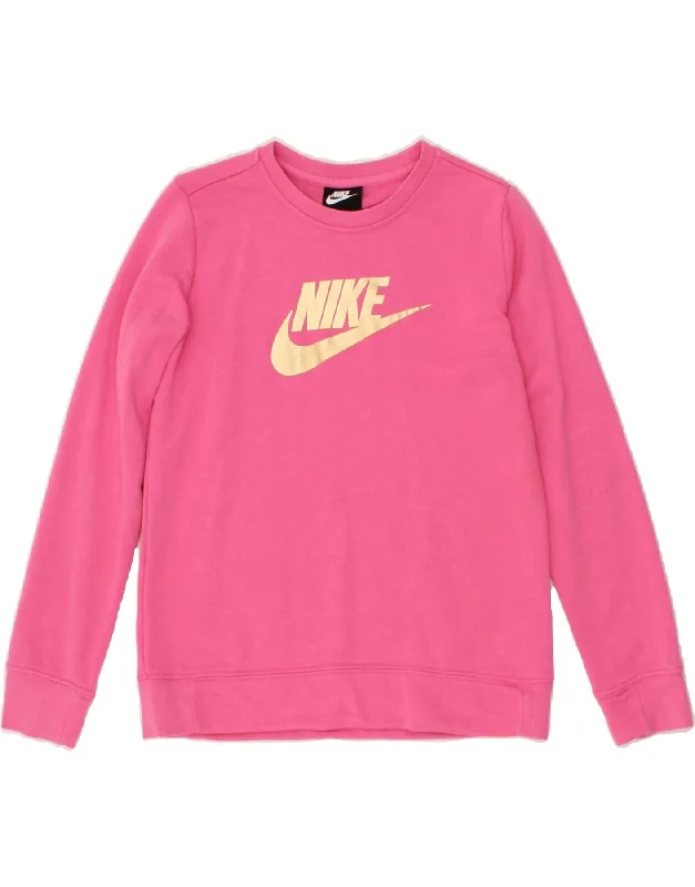 NIKE Girls Standard Fit Graphic Sweatshirt Jumper 12-13 Years Large Pink