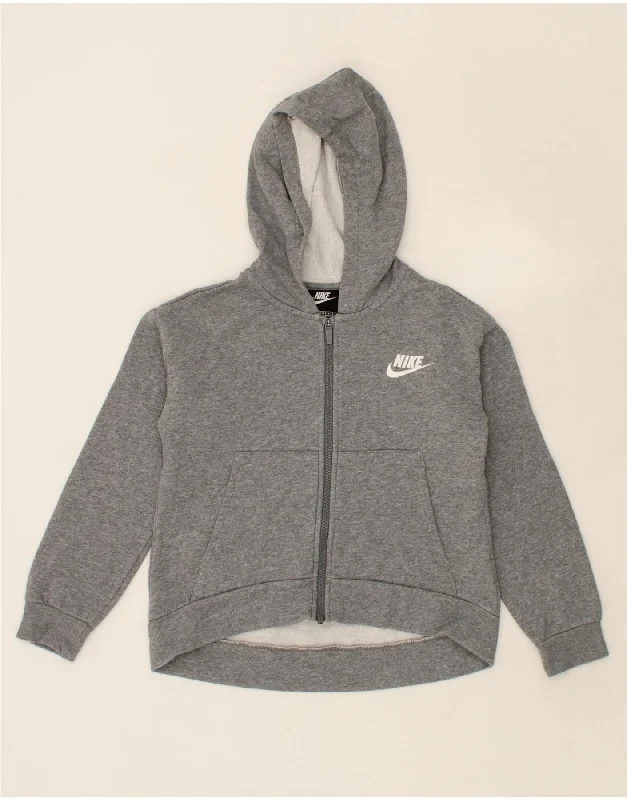 NIKE Girls Standard Fit Zip Hoodie Sweater 10-11 Years Medium Grey Cotton