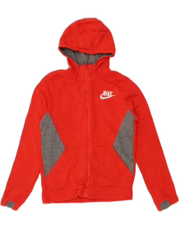 NIKE Girls Zip Hoodie Sweater 10-11 Years Medium Red Colourblock Cotton