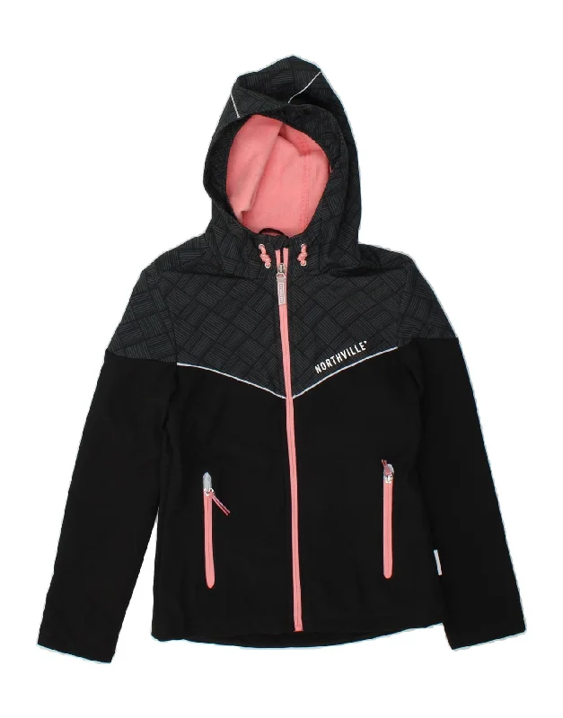 NORTHVILLE Girls Hooded Windbreaker Jacket 11-12 Years Black Colourblock