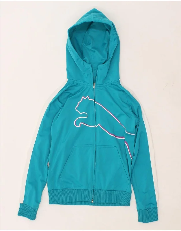 PUMA Girls Graphic Zip Hoodie Sweater 11-12 Years Blue Polyester