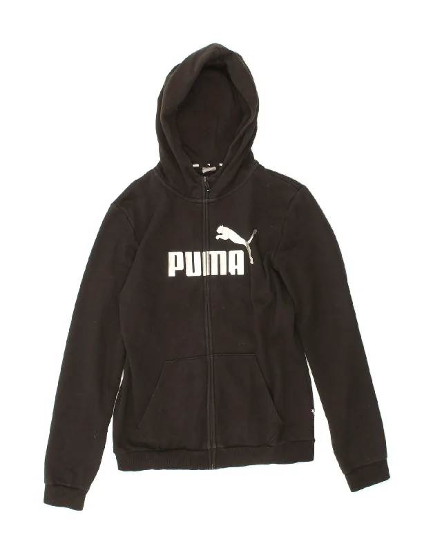 PUMA Girls Graphic Zip Hoodie Sweater 15-16 Years XL Black Cotton