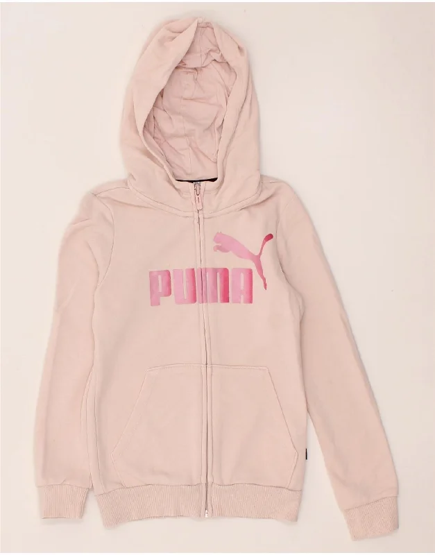 PUMA Girls Graphic Zip Hoodie Sweater 9-10 Years Medium Pink Cotton