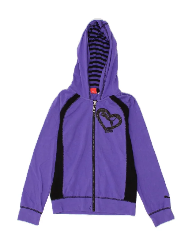 PUMA Girls Graphic Zip Hoodie Sweater 9-10 Years Medium Purple Colourblock