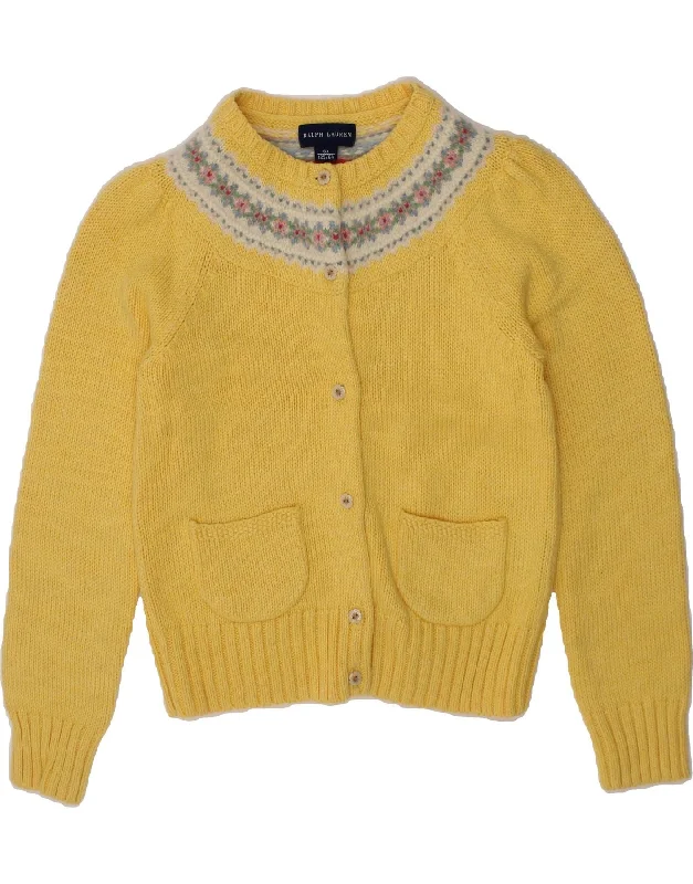 RALPH LAUREN Girls Cardigan Sweater 5-6 Years Yellow Fair Isle Cotton