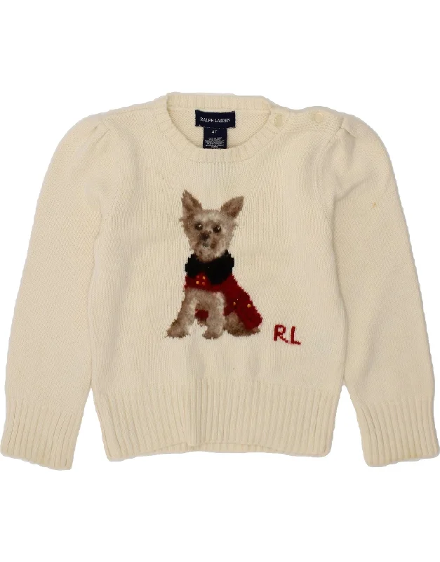 RALPH LAUREN Girls Graphic Crew Neck Jumper Sweater 3-4 Years White