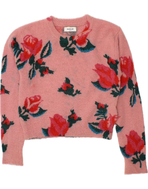 REPLAY Girls Crop Crew Neck Jumper Sweater 9-10 Years Pink Floral Acrylic