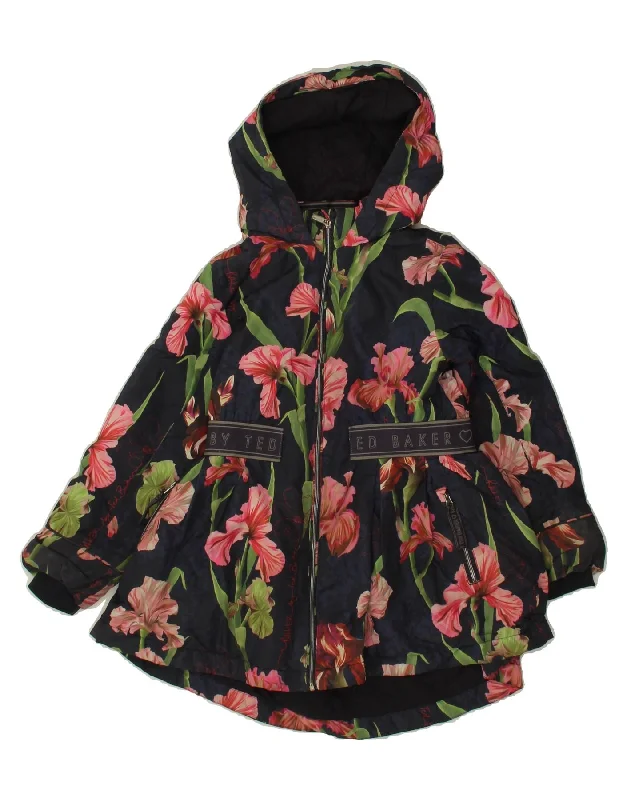 TED BAKER Girls Graphic Hooded Rain Jacket 5-6 Years Navy Blue Floral