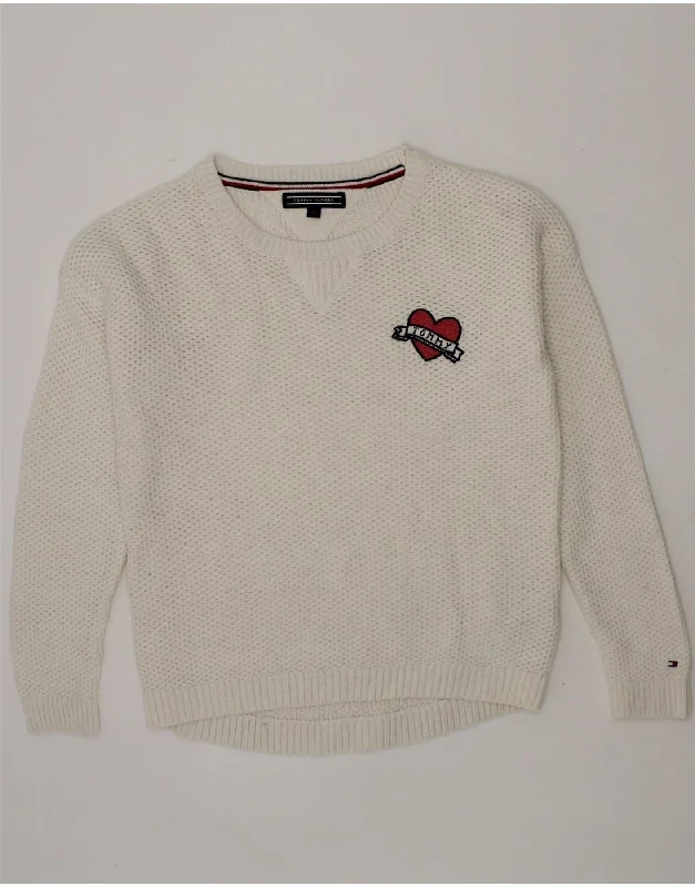 TOMMY HILFIGER Girls Boat Neck Jumper Sweater 7-8 Years White Cotton