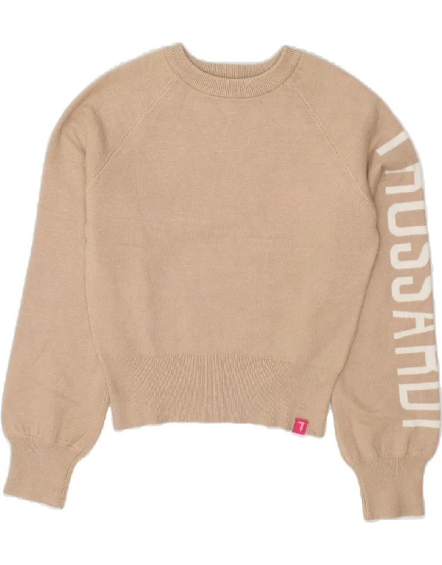 TRUSSARDI Girls Crop Graphic Boat Neck Jumper Sweater 13-14 Years Beige